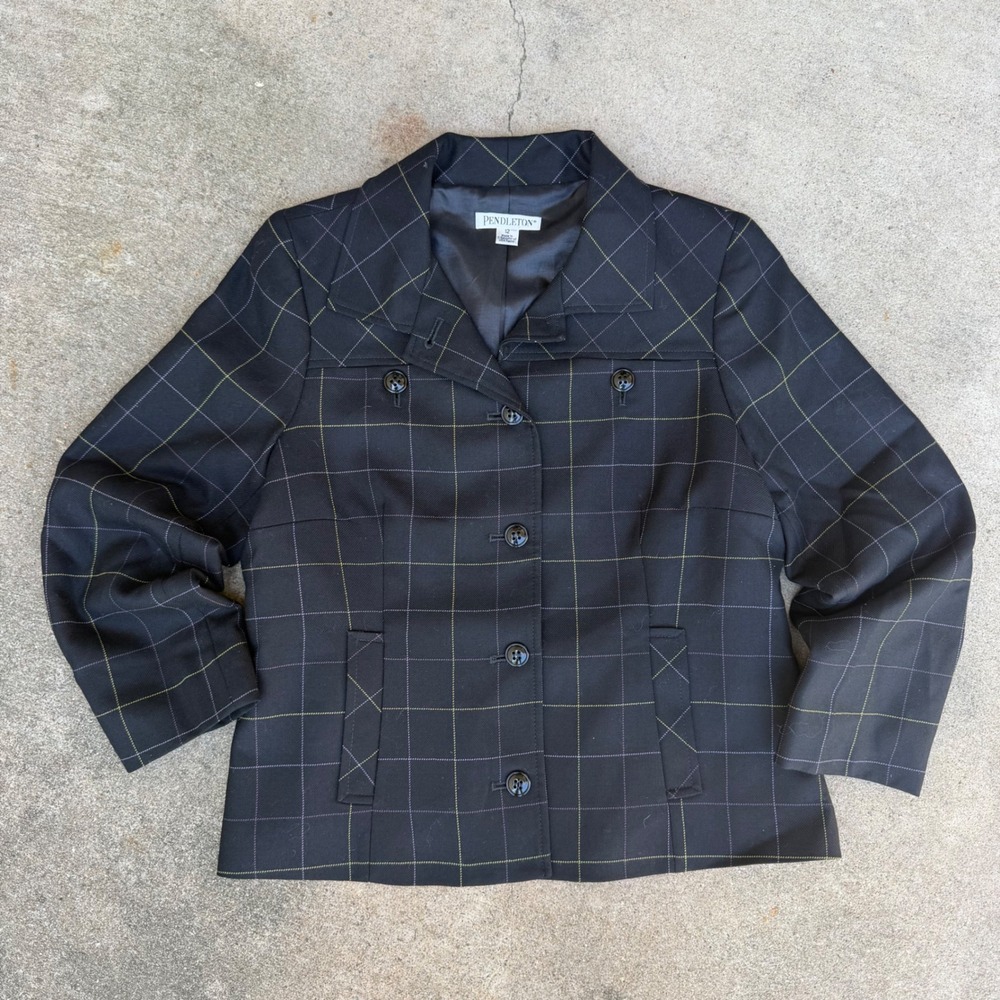 Pendleton Womens Black Plaid Windowpane Button Up Blazer Jacket Size 12